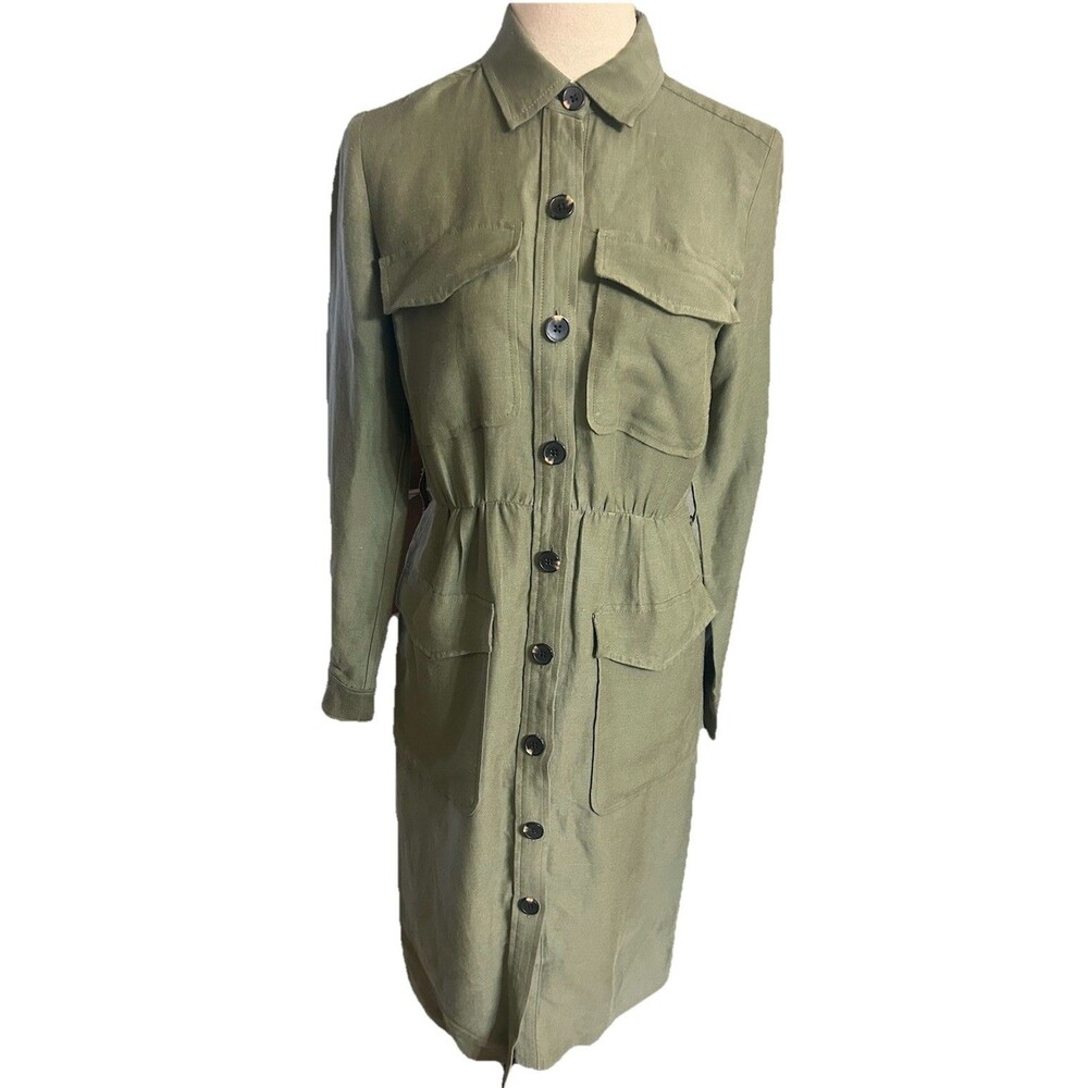 Ann Taylor Linen Blend Utility Shirt Dress Olive Green Cargo Pocket Button Sz 4